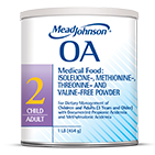 Mead Johnson OA2 medical food powder canister for dietary management, blue and white packaging with 2+ age indication