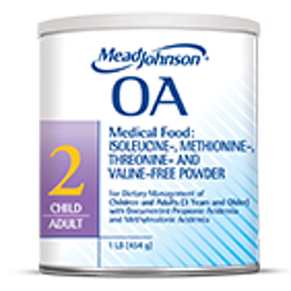 Mead Johnson OA2 medical food powder canister for dietary management, blue and white packaging with 2+ age indication