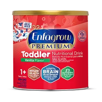 Enfagrow Premium Toddler vanilla flavored nutritional drink powder in red cylindrical container for ages 1+