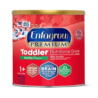 Enfagrow Premium Toddler vanilla flavored nutritional drink powder in red cylindrical container for ages 1+