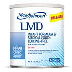 White cylindrical container of Mead Johnson LMD infant formula powder with blue and yellow labeling