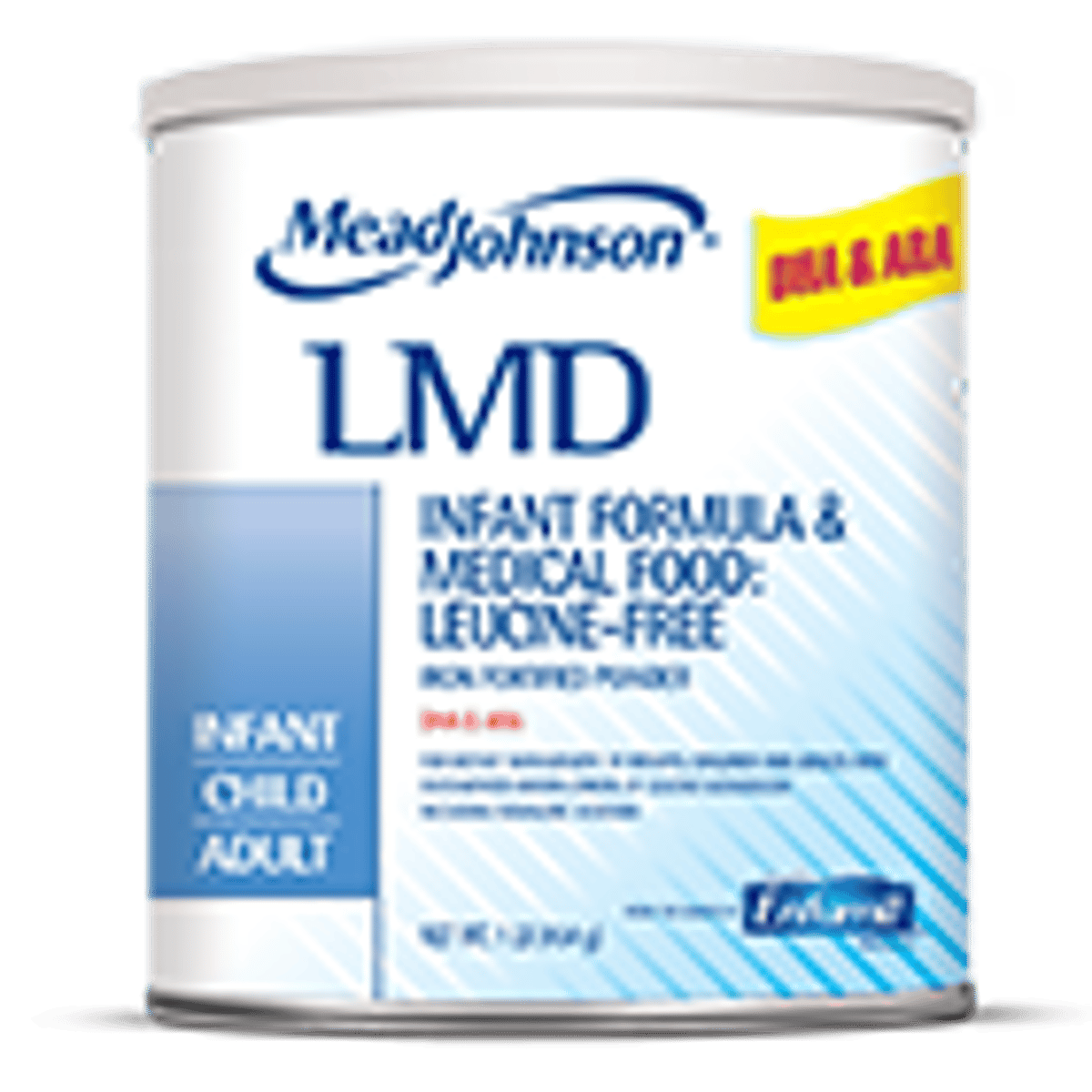 White cylindrical container of Mead Johnson LMD infant formula powder with blue and yellow labeling