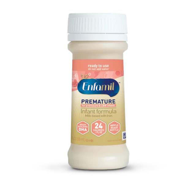 Enfamil Premature ready-to-use infant formula bottle with white cap, featuring 24 calorie per fluid ounce and DHA labeling