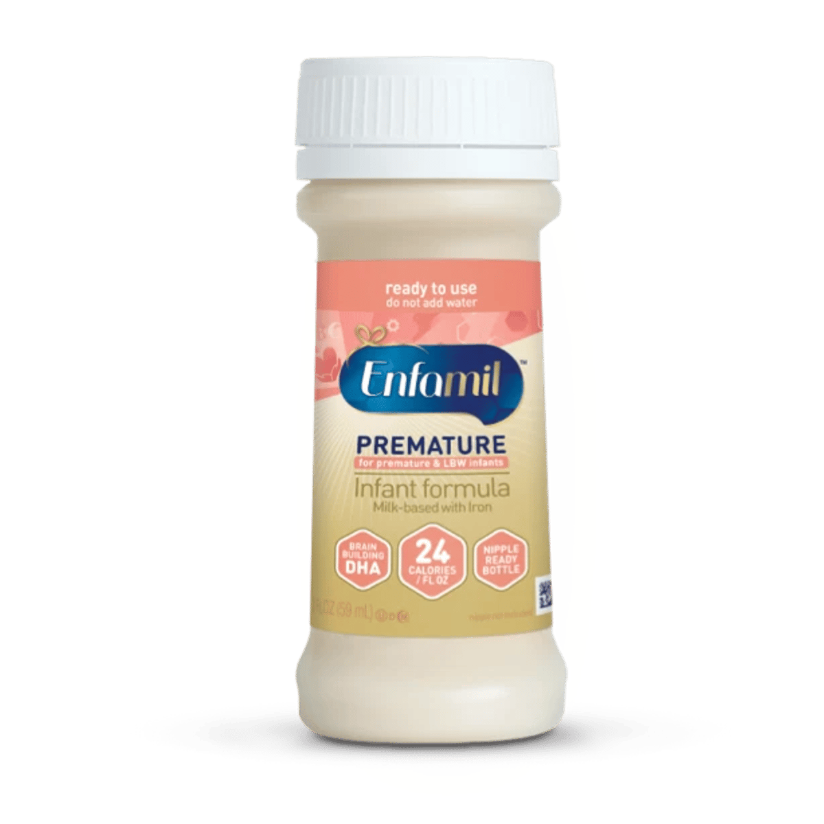 Enfamil Premature ready-to-use infant formula bottle with white cap, featuring 24 calorie per fluid ounce and DHA labeling