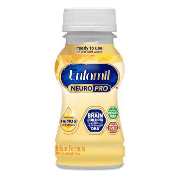 Enfamil NeuroPro ready-to-use infant formula bottle with yellow liquid, featuring brain building and HuMO6 labels on white background