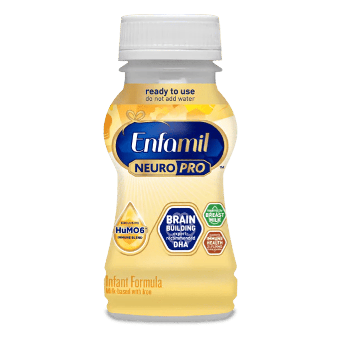 Enfamil NeuroPro ready-to-use infant formula bottle with yellow liquid, featuring brain building and HuMO6 labels on white background