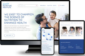 Website mockup showing health and nutrition platform displayed on desktop computer, tablet, and smartphone with family photo and blue interface design