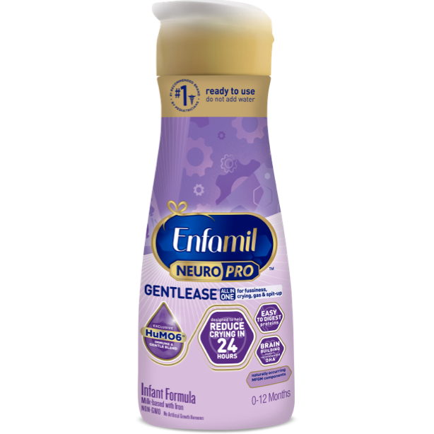 Enfamil NeuroPro Gentlease ready-to-use infant formula bottle with purple and gold packaging, 0-12 months age range indicated