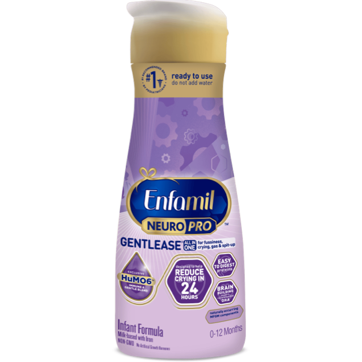 Enfamil NeuroPro Gentlease ready-to-use infant formula bottle with purple and gold packaging, 0-12 months age range indicated