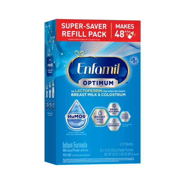 Enfamil Optimum infant formula super-saver refill pack box in blue packaging, makes 48 bottles, contains lactoferrin and HuMO6 blend