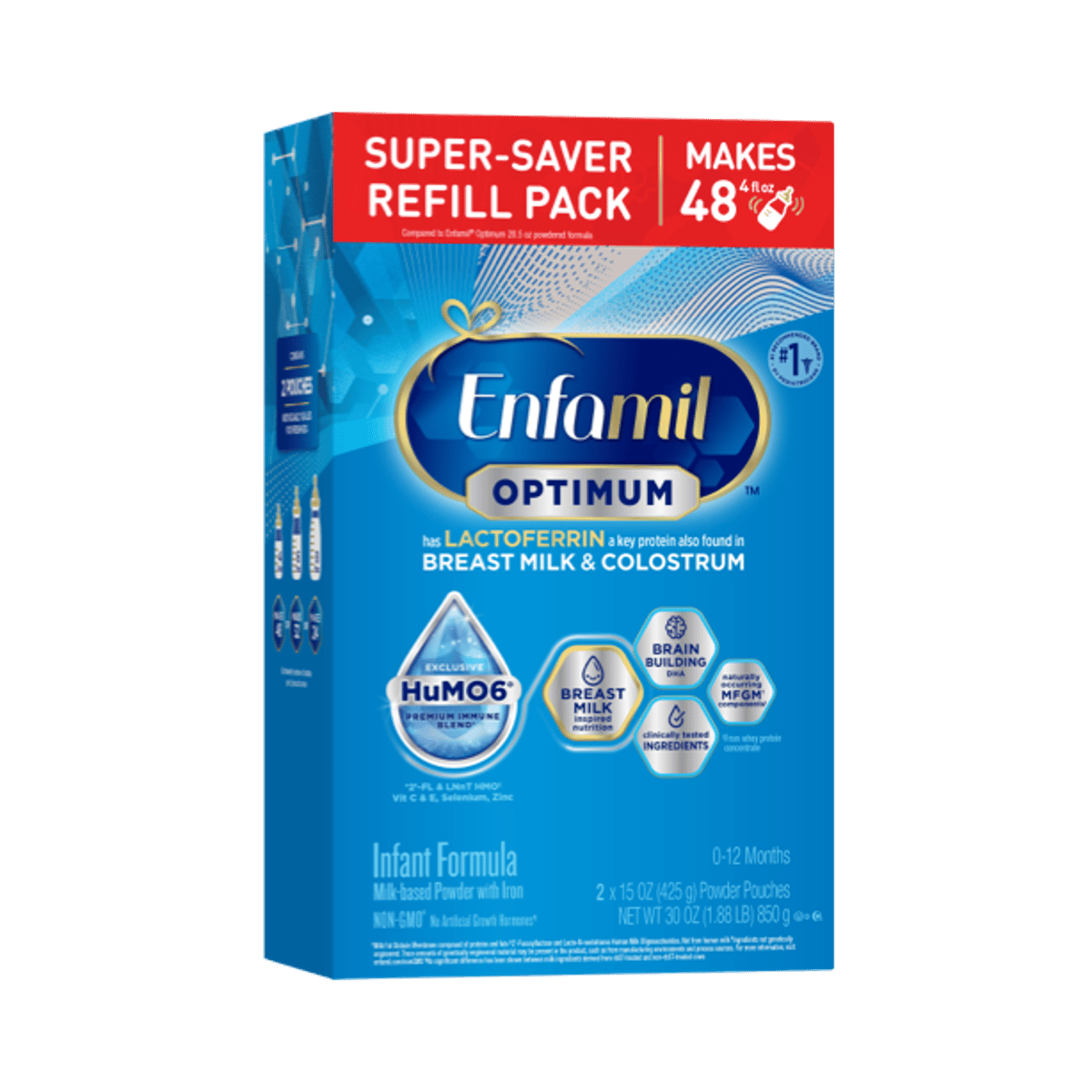 Enfamil Optimum infant formula super-saver refill pack box in blue packaging, makes 48 bottles, contains lactoferrin and HuMO6 blend