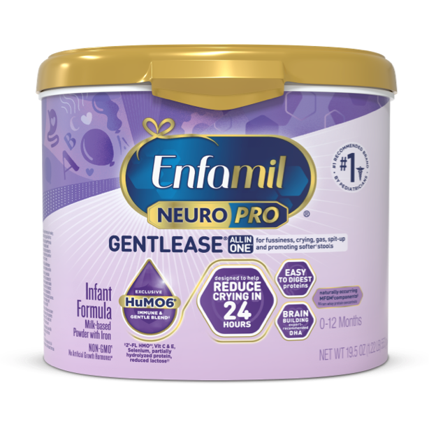 Enfamil NeuroPro Gentlease infant formula canister with purple and gold packaging, featuring HuMO6 blend and brain building DHA for 0-12 months