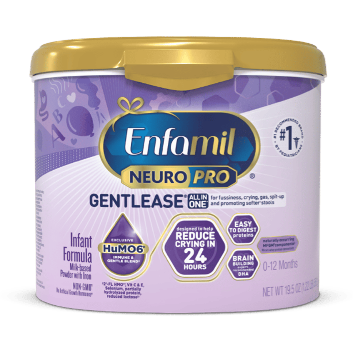 Enfamil NeuroPro Gentlease infant formula canister with purple and gold packaging, featuring HuMO6 blend and brain building DHA for 0-12 months