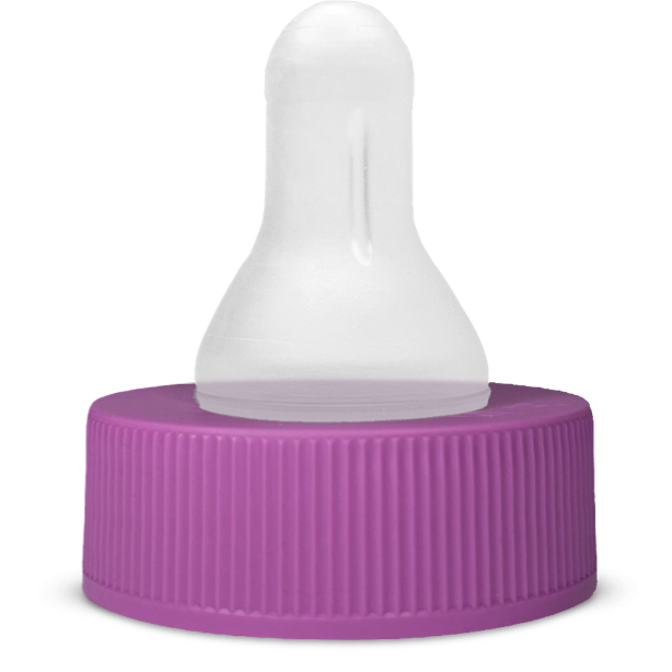 White silicone nipple attachment with purple threaded cap for baby bottles