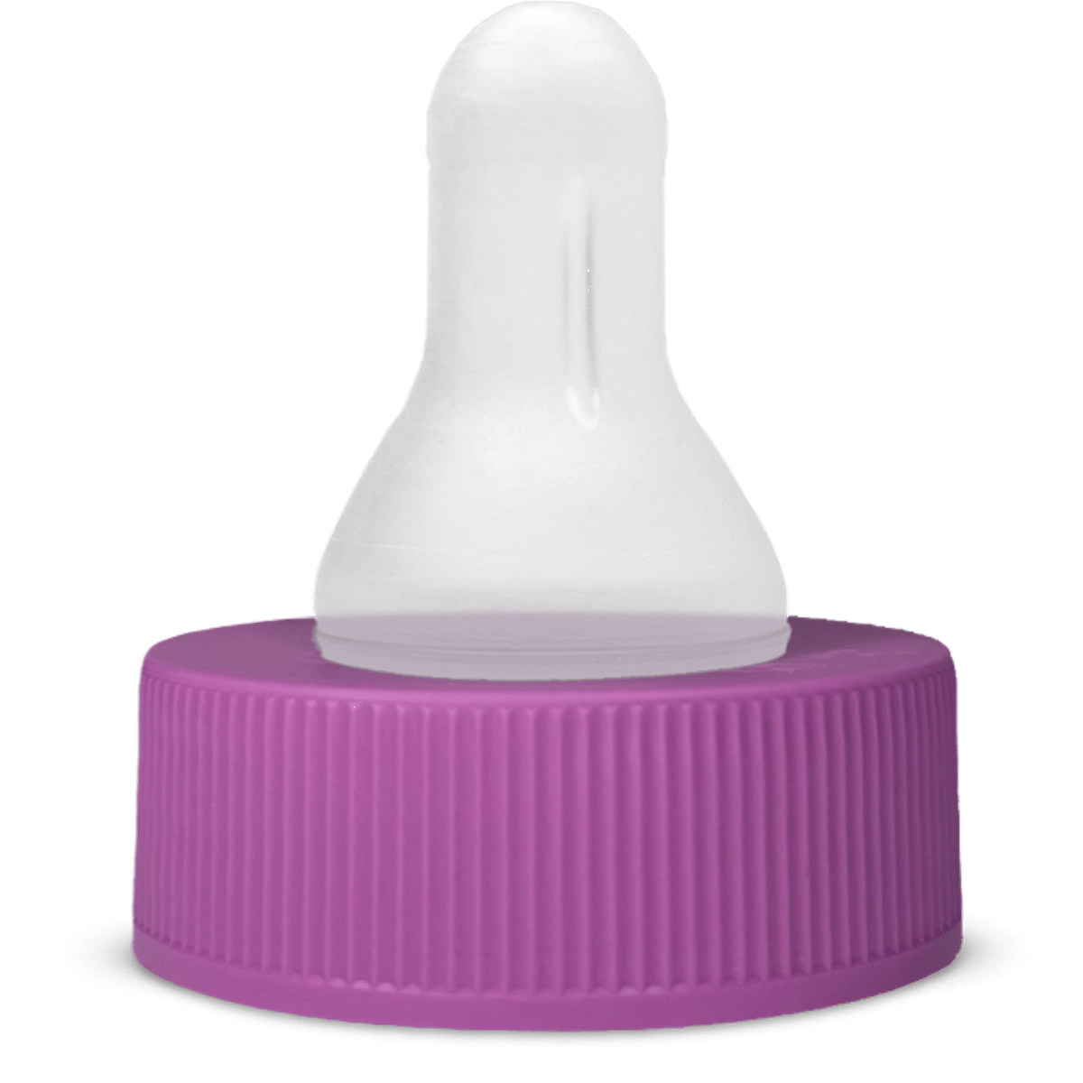 White silicone nipple attachment with purple threaded cap for baby bottles