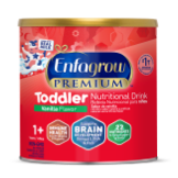 Enfagrow Premium Toddler nutritional drink powder container in vanilla flavor with red and blue packaging