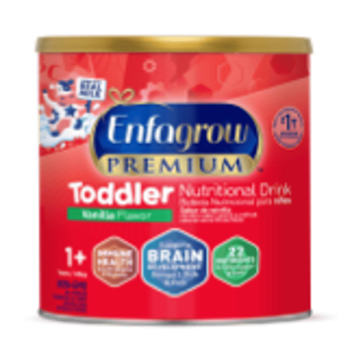 Enfagrow Premium Toddler nutritional drink powder container in vanilla flavor with red and blue packaging