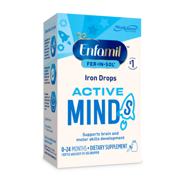 Enfamil Fer-In-Sol Active Mind iron drops supplement box for infants 0-24 months, supports brain and motor development