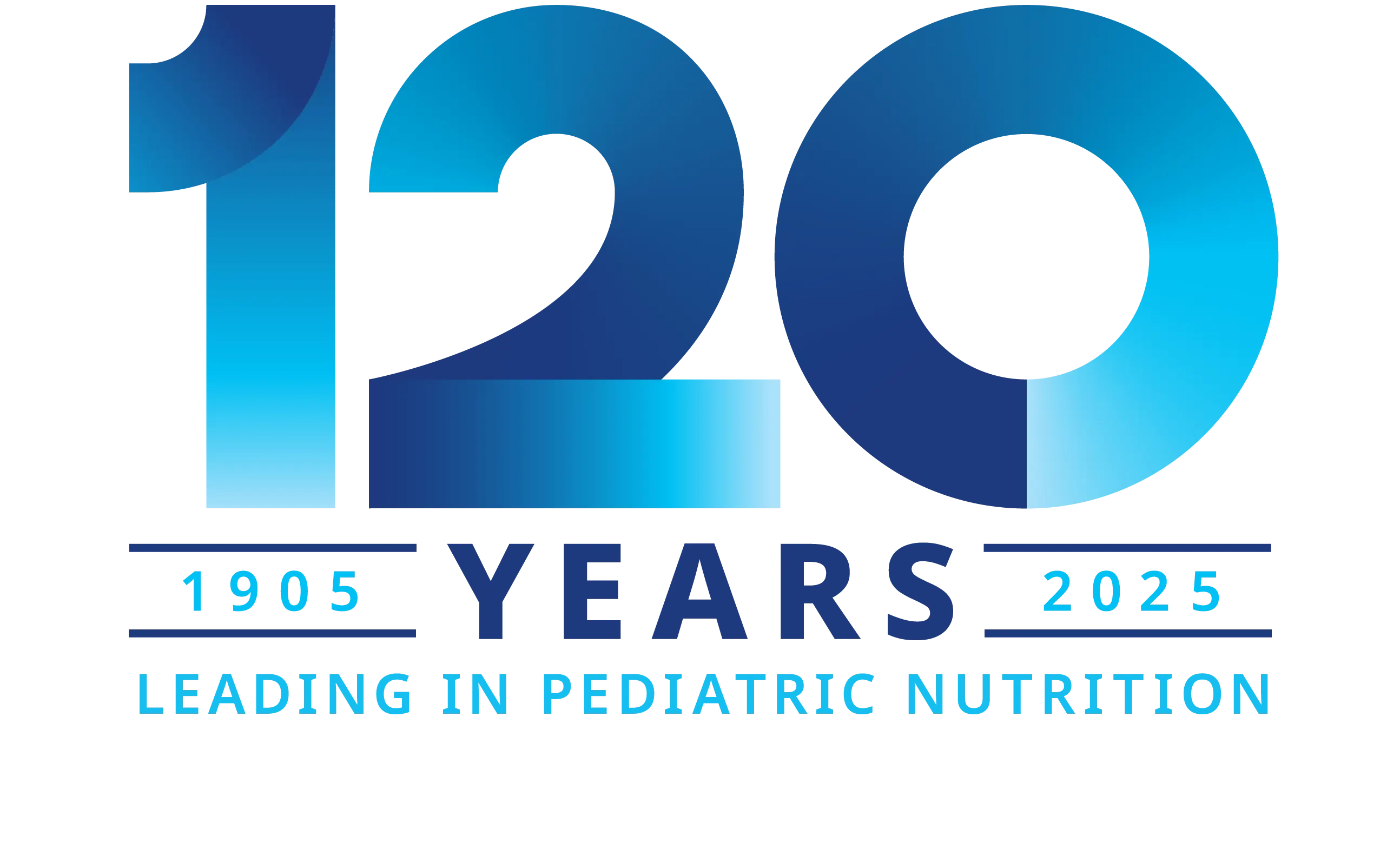 A blue gradient logo showing "120" in large numbers with "1905 YEARS 2025" below and "LEADING IN PEDIATRIC NUTRITION" at the bottom, celebrating 120 years of service.