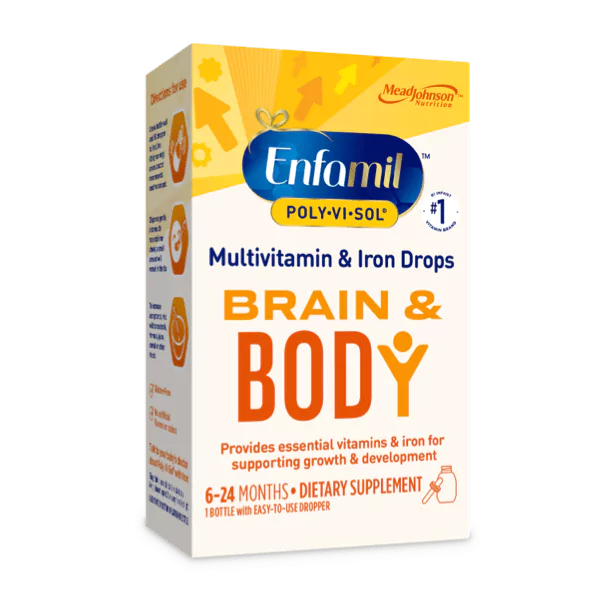 Enfamil Poly-Vi-Sol Brain & Body multivitamin and iron drops box for infants 6-24 months, yellow and blue packaging