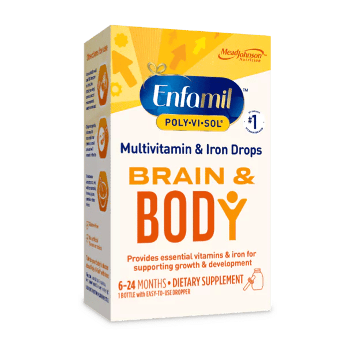 Enfamil Poly-Vi-Sol Brain & Body multivitamin and iron drops box for infants 6-24 months, yellow and blue packaging
