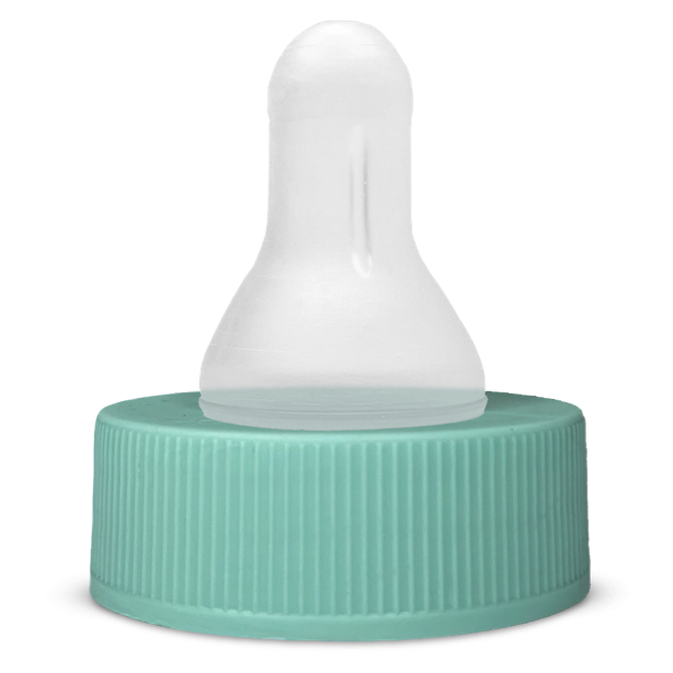 White silicone baby bottle nipple with mint green threaded cap on white background