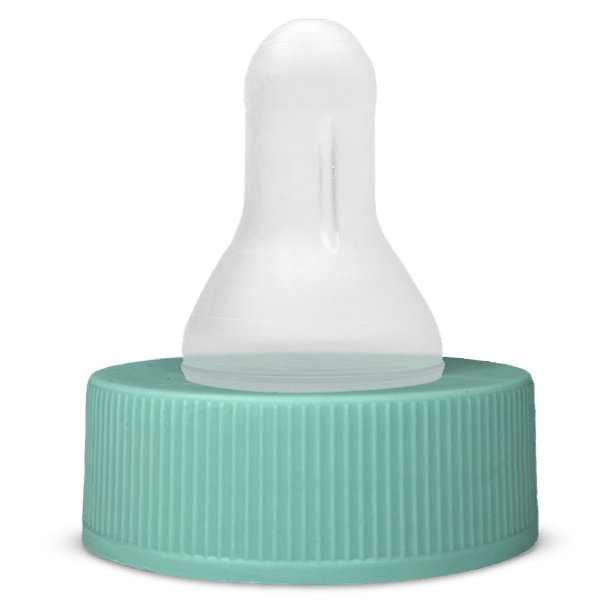 White silicone baby bottle nipple with mint green threaded cap on white background