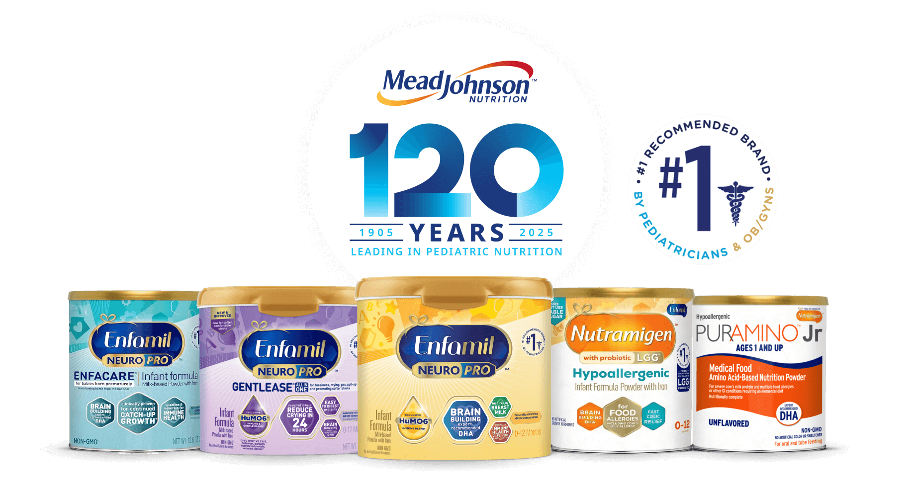 Mead Johnson Nutrition 120 years anniversary logo with "#1 Trusted" seal and product lineup including Enfamil and Nutramigen infant formula containers