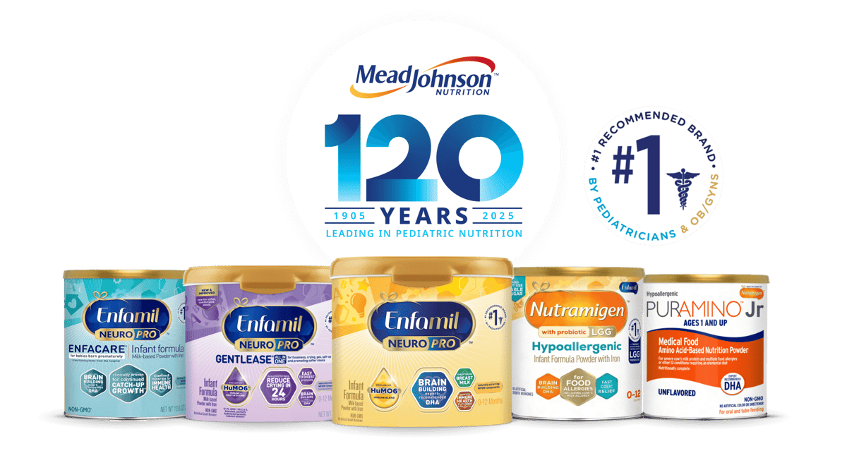 Mead Johnson Nutrition 120 years anniversary logo with "#1 Trusted" seal and product lineup including Enfamil and Nutramigen infant formula containers