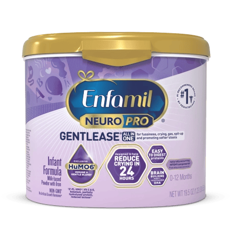 Enfamil NeuroPro Gentlease infant formula container with gold lid and purple labeling, designed for fussiness, crying, spit-up and promoting softer stools