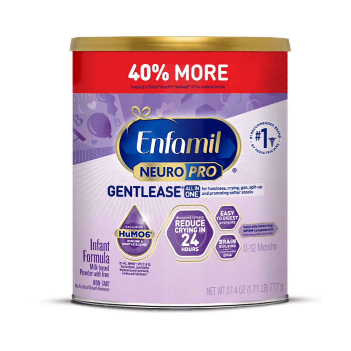 Enfamil NeuroPro Gentlease infant formula can with purple and white label, showing "40% MORE" banner and "0-12 Months" age range