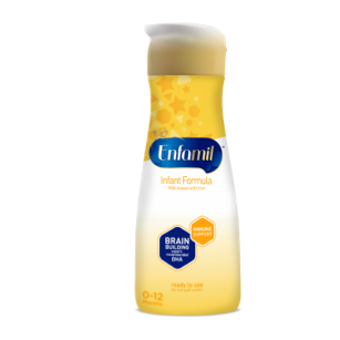 Enfamil infant formula bottle with yellow liquid and white foam, featuring blue Enfamil logo and brain development badge, 32 oz size
