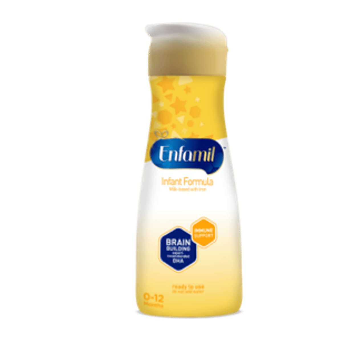Enfamil infant formula bottle with yellow liquid and white foam, featuring blue Enfamil logo and brain development badge, 32 oz size