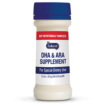 Enfamil DHA & ARA Supplement bottle with blue cap and white label for special dietary use