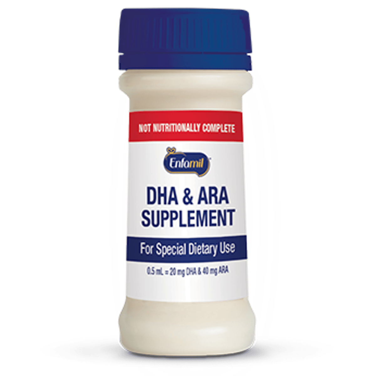 Enfamil DHA & ARA Supplement bottle with blue cap and white label for special dietary use