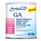 Mead Johnson GA powder formula can for infants with galactosemia, pink and white packaging