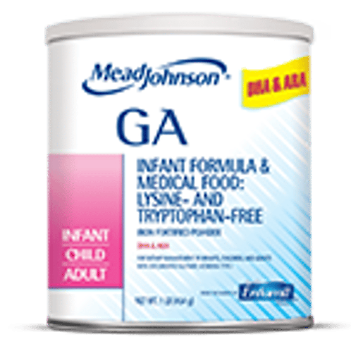 Mead Johnson GA powder formula can for infants with galactosemia, pink and white packaging
