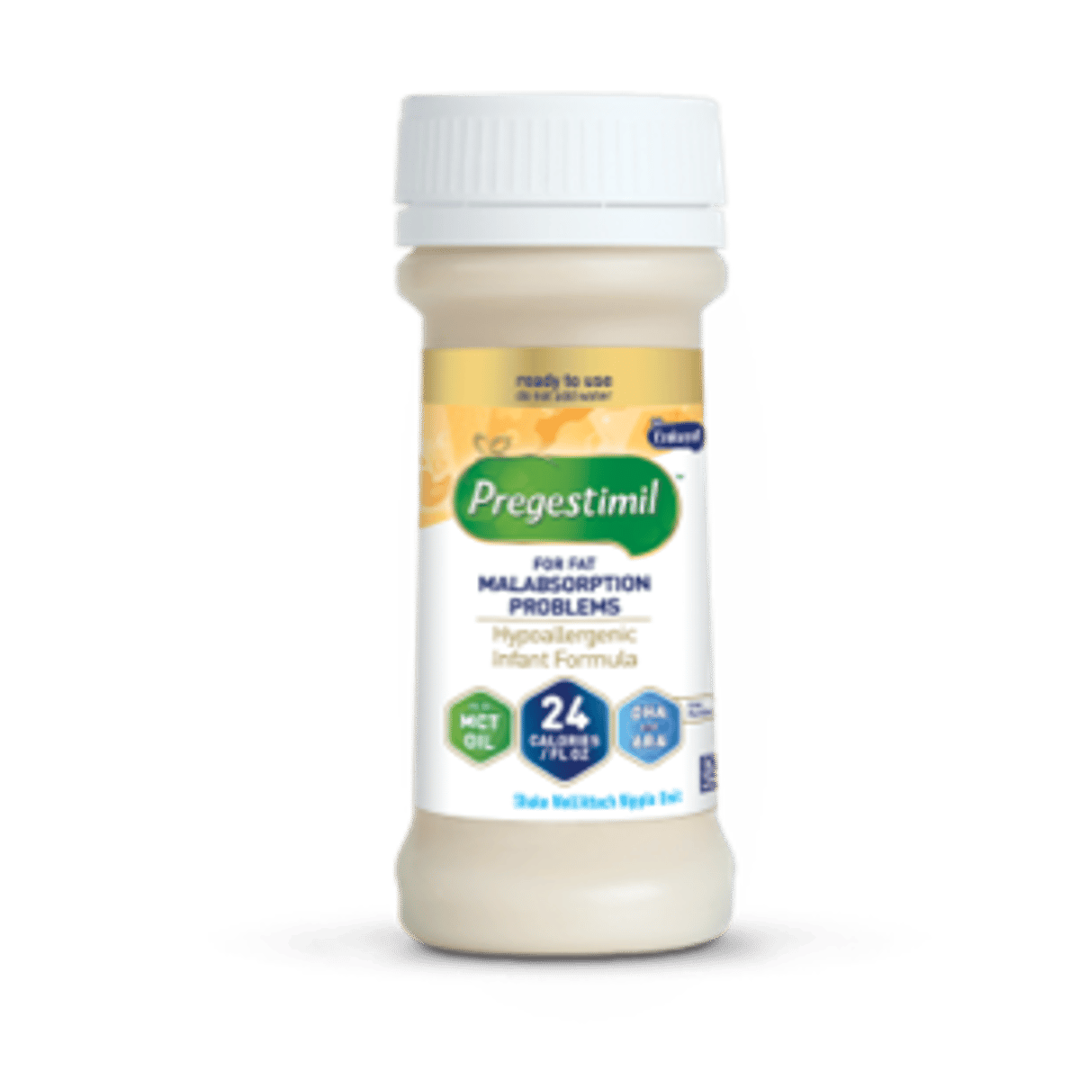 Pregestimil infant formula bottle, 2 fl oz ready-to-feed with white cap, showing 24 Cal/fl oz on orange and green label
