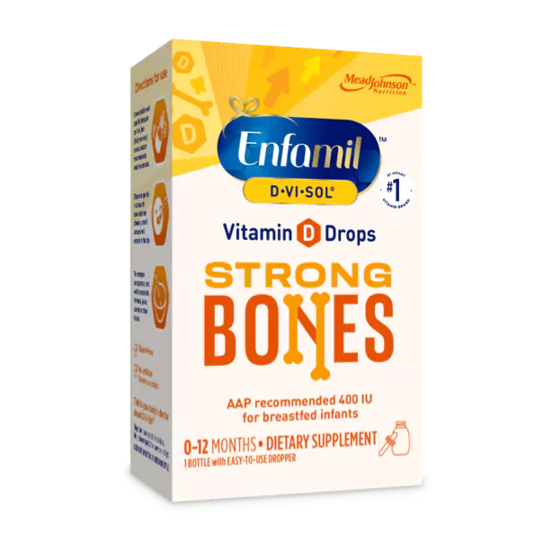 Enfamil D-Vi-Sol Vitamin D Drops box for strong bones, yellow and blue packaging, 0-12 months dietary supplement