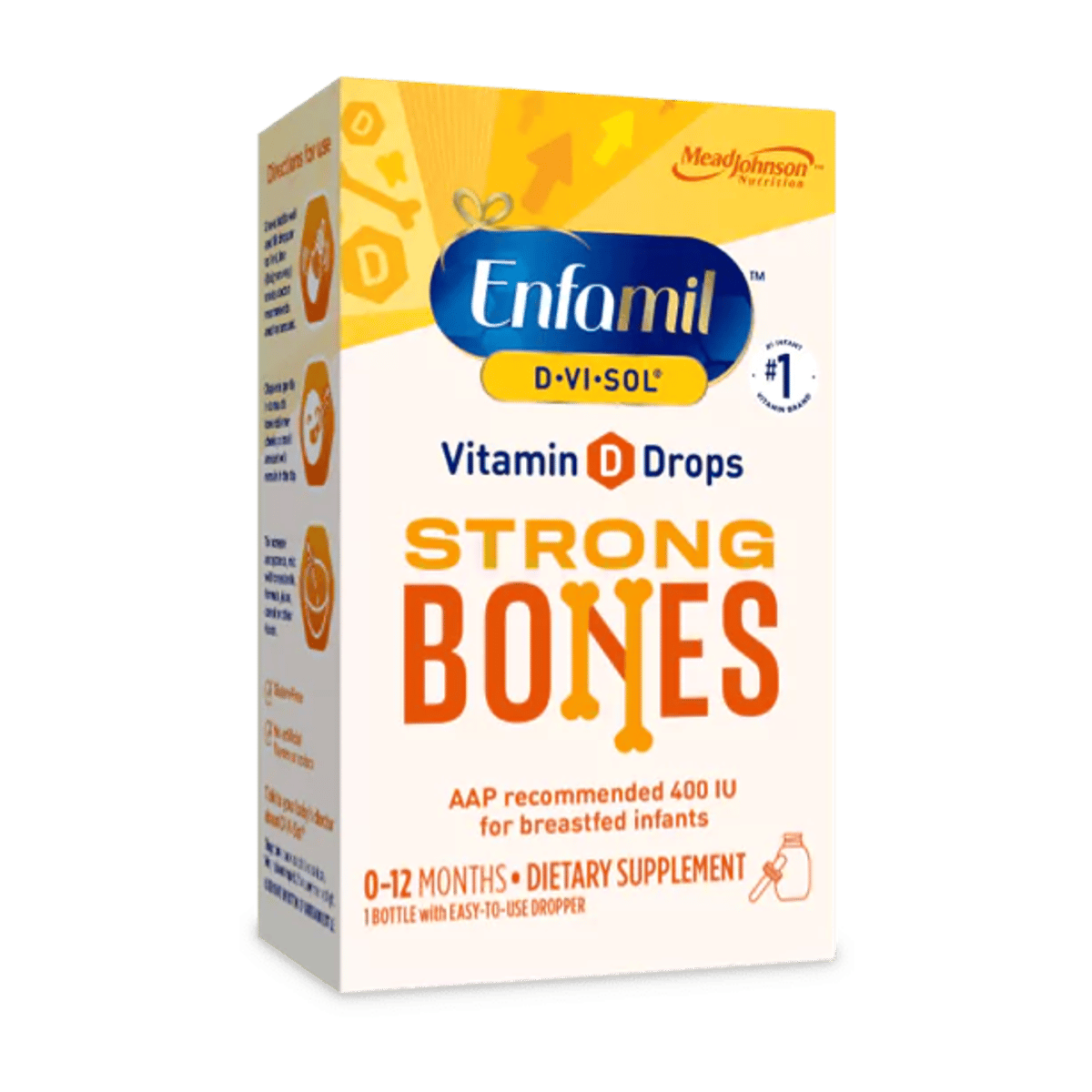 Enfamil D-Vi-Sol Vitamin D Drops box for strong bones, yellow and blue packaging, 0-12 months dietary supplement