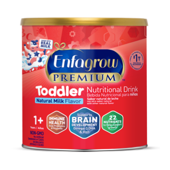 Enfagrow Premium Toddler Nutritional Drink powder container in red packaging with natural milk flavor for ages 1+