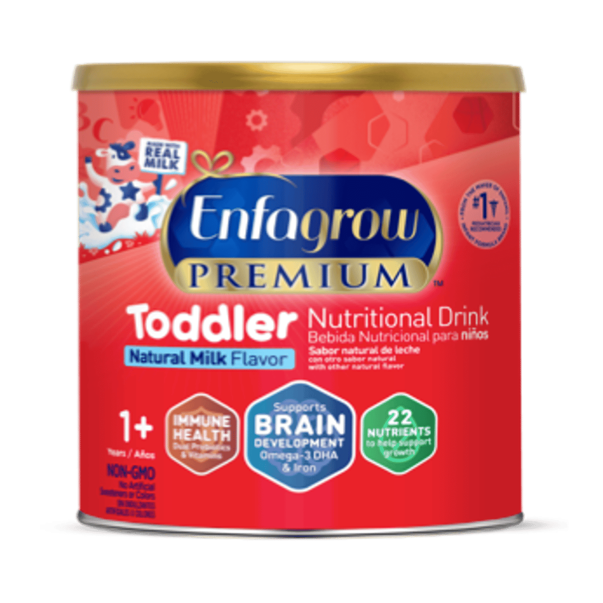 Enfagrow Premium Toddler Nutritional Drink powder container in red packaging with natural milk flavor for ages 1+