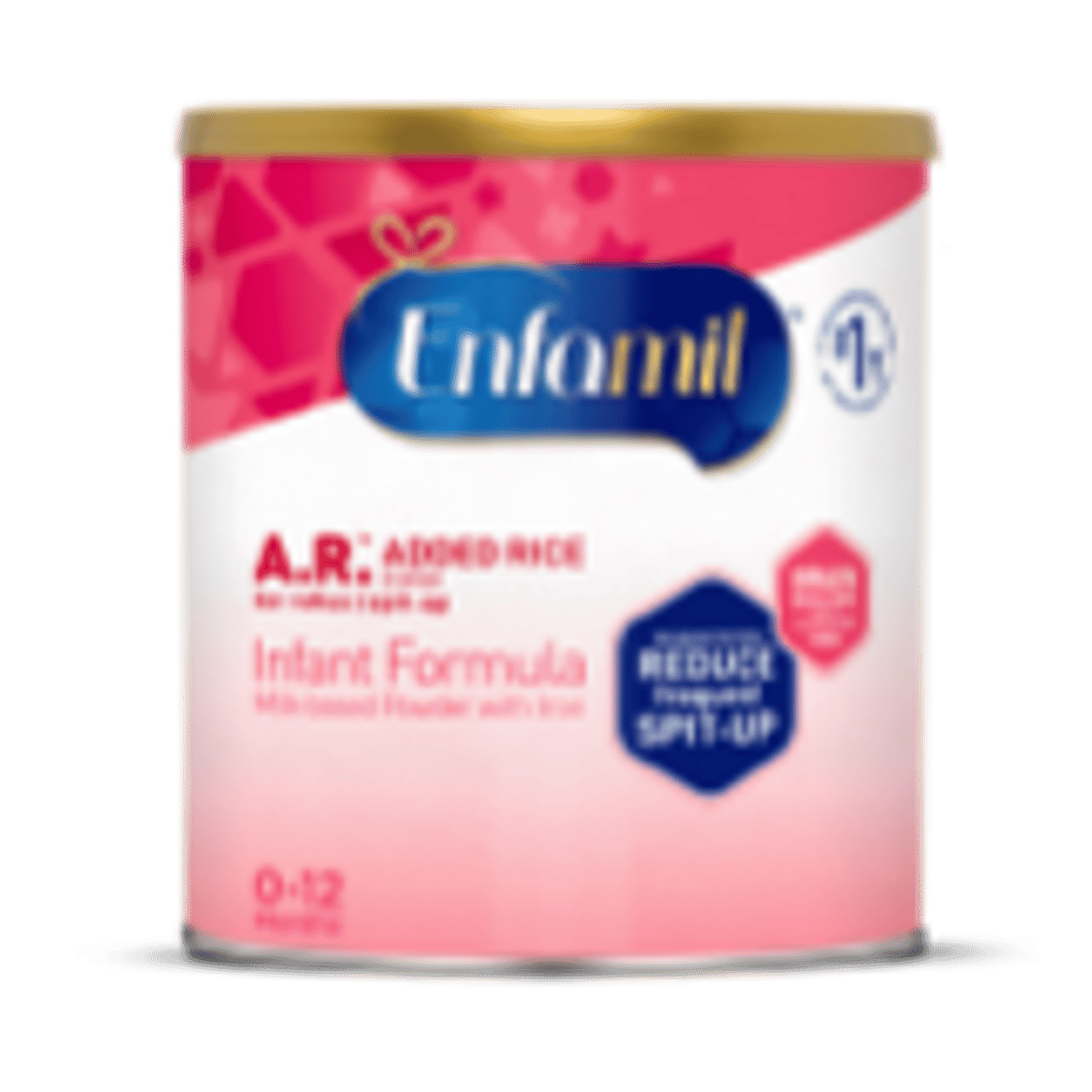 Enfamil A.R. infant formula can, 12.9 oz size, pink and blue packaging for spit-up reduction