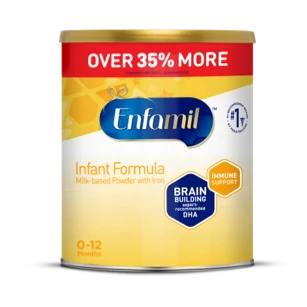 Enfamil Infant Formula 29.4 oz can with "Over 35% More" banner, featuring Brain Building nutrition claim for ages 0-12 months