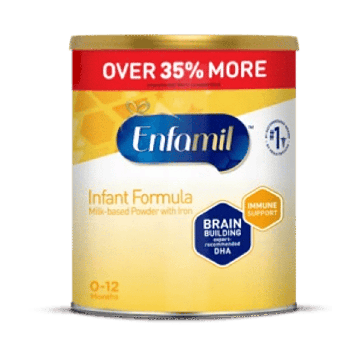 Enfamil Infant Formula 29.4 oz can with "Over 35% More" banner, featuring Brain Building nutrition claim for ages 0-12 months