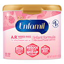 Pink and gold Enfamil baby formula canister with nutritional benefit icons displayed on the label