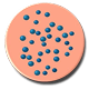 Orange circular icon with blue dots scattered across the surface in a pattern resembling holes or perforations