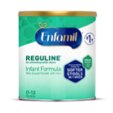 Enfamil Reguline infant formula canister, 12.4 oz size, designed for babies 0-12 months with feeding difficulties