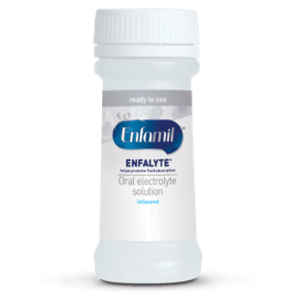 White bottle of Enfamil Enfalyte oral electrolyte solution, 2 fluid ounce size with blue and white label