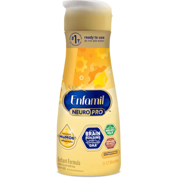 Enfamil NeuroPro ready-to-use infant formula bottle with yellow label, brain building nutrients, and HuMO6 prebiotics